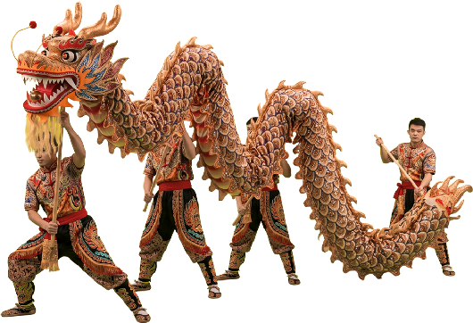 La danza del dragon de china representada por 4 psersonas