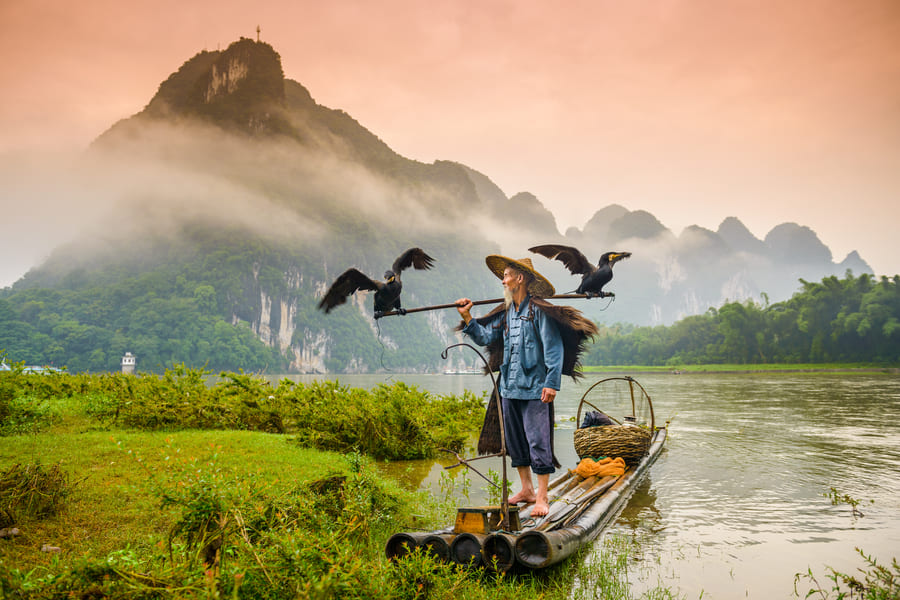 Pescador de Yangshuo con montaña de fondo y 2 cormoranes. Del lado derecho el río Li